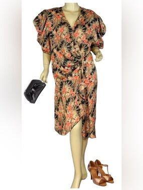 VINTAGE 1990'S DAVID ROSE ORANGE, GOLD & BLACK SATIN WRAP DRESS (22.5)